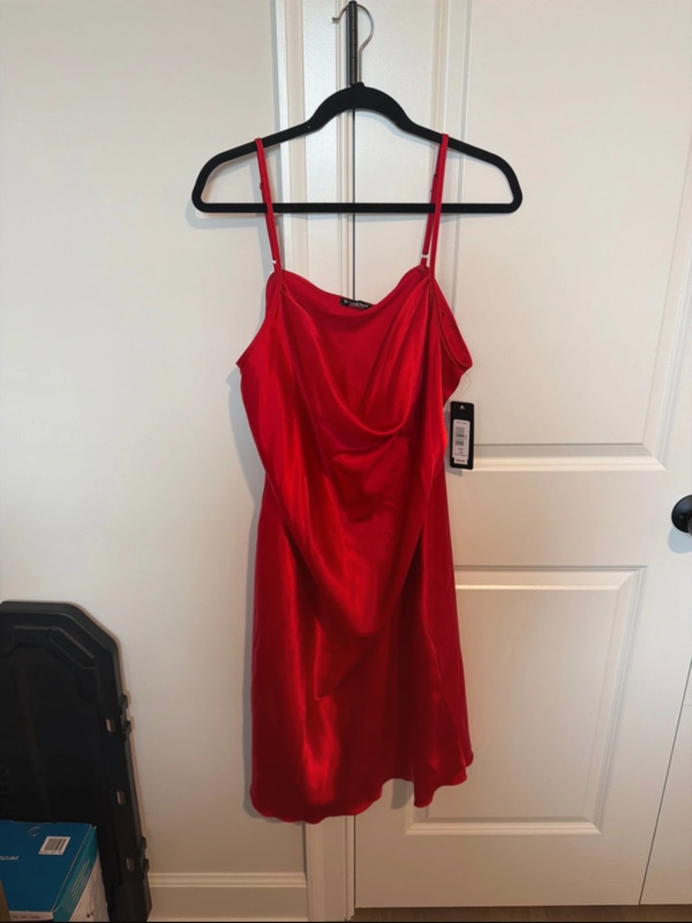 bebe Red Satin Mini Slip Dress with Cowl Neck